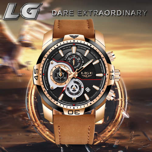 BIG DIAL *-  Relogio Masculion* DEEP DISH* LIGE 9892 Top Luxury *6 Hands* Chronograph Watch Men*