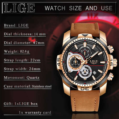 BIG DIAL *-  Relogio Masculion* DEEP DISH* LIGE 9892 Top Luxury *6 Hands* Chronograph Watch Men*