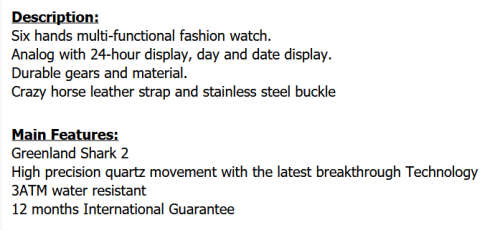 *$89* GREENLAND SHARK** - Men Chronograph 6 Hands Quartz Wrist Watch~ Real Musculine & Big**