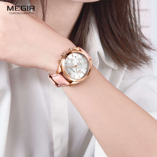 Megir 2115L  - Ladies Lovely Chronograph Watch * 6 HANDS*PINK LEATHER STRAP*
