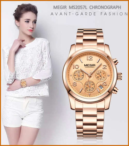 Megir 2057L  -Quality Ladies Solid Sturdy Chronograph Watch * Rose Gold~ 6 Hands