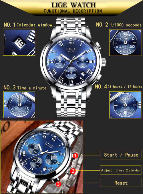 *CLASSIC- Relogio Masculion LIGE 9810* Top Luxury*FULL Steel*6 Hands* Chronograph Watch*FULL HOUSE!