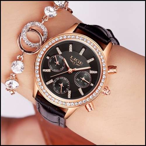 Lige 9812 - Ladies Lovely  Watch * 6 HANDS* Box,Book, & Papers **BLACK **