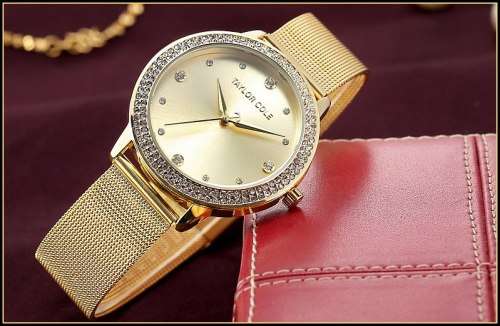 From UK ** Magnifisant* Gold Taylor Cole Lady Georgeos Steel Band Bracelet Luxury Watch*