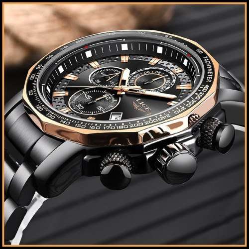 *BIG,HEAVY- FULL STEEL,* DEEP DISH* LIGE  9902 Quality*6 Hands* Chronograph Watch *FULL HOUSE!