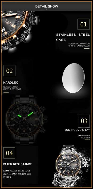 *BIG,HEAVY- FULL STEEL,* DEEP DISH* LIGE  9902 Quality*6 Hands* Chronograph Watch *FULL HOUSE!