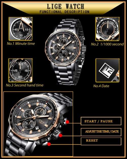 *BIG,HEAVY- FULL STEEL,* DEEP DISH* LIGE  9902 Quality*6 Hands* Chronograph Watch *FULL HOUSE!