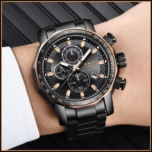*BIG,HEAVY- FULL STEEL,* DEEP DISH* LIGE  9902 Quality*6 Hands* Chronograph Watch *FULL HOUSE!