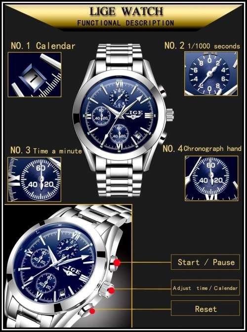 ** CLASSIC -  Relogio Masculion LIGE 9839 Top Luxury Full Steel *6 Hands* Chronograph Watch Men