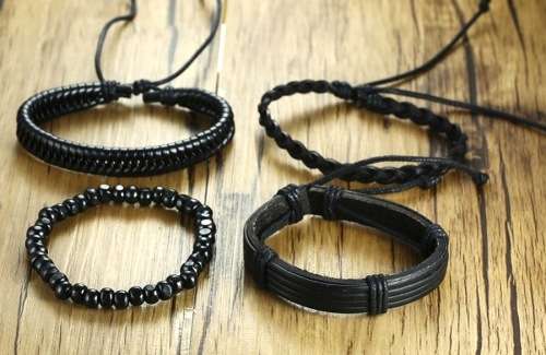 ** Men * Designer Black 4 Piece PU Leather Bracelet.*