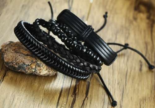 ** Men * Designer Black 4 Piece PU Leather Bracelet.*