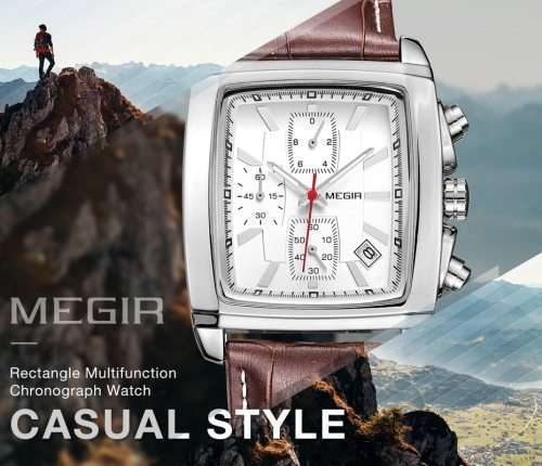 * Megir Brand Top Watch(2028)* Genuine  Leather Men Quartz Wristwatch CHRONOGRAPH*6 Hands*