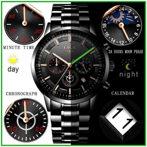 *FREE SHIPPING- *Moon Phase* LIGE 9877-* All Steel *6 Hands*Subtle Blue Dial Chronograph Watch-