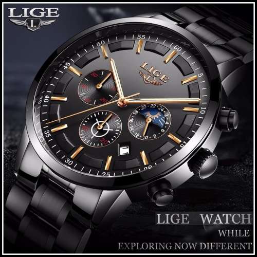 *FREE SHIPPING- *Moon Phase* LIGE 9877-* All Steel *6 Hands*Subtle Blue Dial Chronograph Watch-