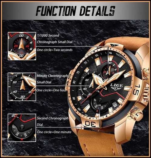 FREE SHIPPING *CLASSIC- LIGE 9924*DEEP DISH*Matt Black Leather Strap *6 Hands*