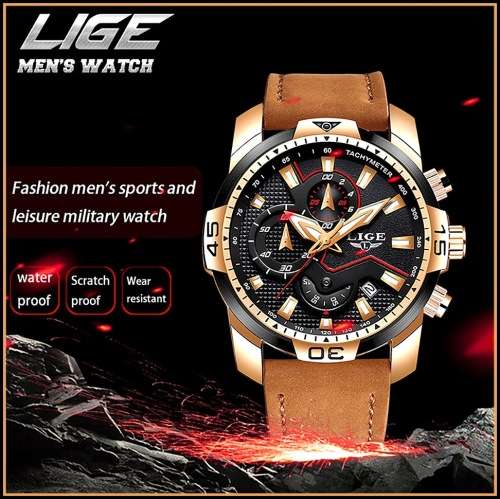 FREE SHIPPING *CLASSIC- LIGE 9924*DEEP DISH*Matt Black Leather Strap *6 Hands*