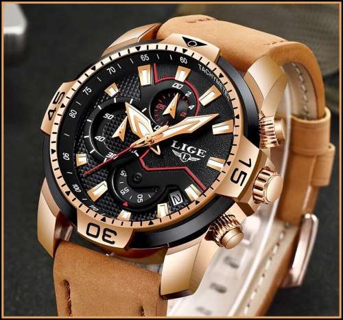 FREE SHIPPING *CLASSIC- LIGE 9924*DEEP DISH*Matt Black Leather Strap *6 Hands*