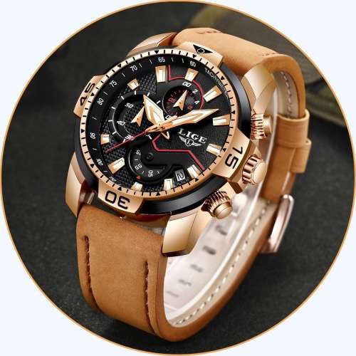 * CLASSIC -* DEEP DISH* LIGE 9924 Top Luxury *6 Hands* Chronograph Watch Men*