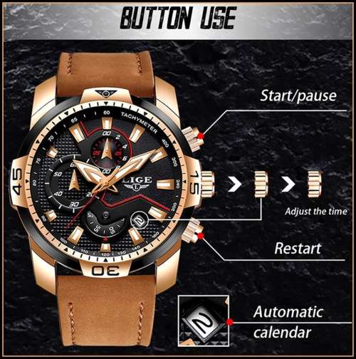 FREE SHIPPING *CLASSIC- LIGE 9924*DEEP DISH*Matt Black Leather Strap *6 Hands*