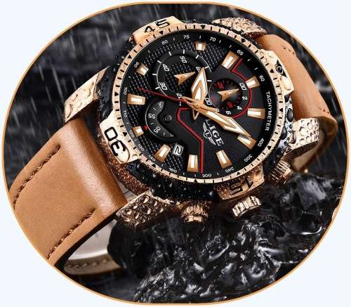 FREE SHIPPING *CLASSIC- LIGE 9924*DEEP DISH*Matt Black Leather Strap *6 Hands*