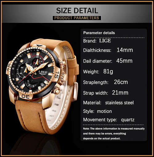 FREE SHIPPING *CLASSIC- LIGE 9924*DEEP DISH*Matt Black Leather Strap *6 Hands*