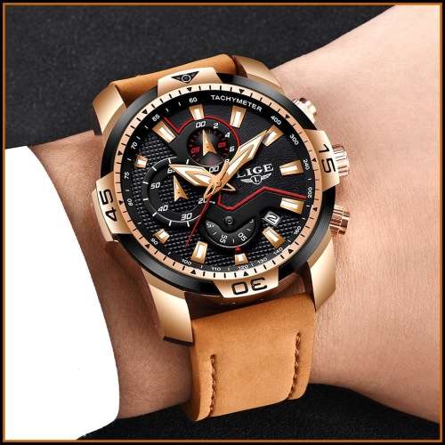 FREE SHIPPING *CLASSIC- LIGE 9924*DEEP DISH*Matt Black Leather Strap *6 Hands*