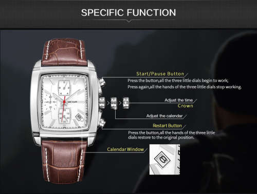* Megir Brand Top Watch(2028)* Genuine  Leather Men Quartz Wristwatch CHRONOGRAPH*6 Hands*