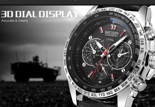 FREE SHIPPING* Megir Brand~M1010~ Black *Analog* Dial Leather Strap Military Watches ~
