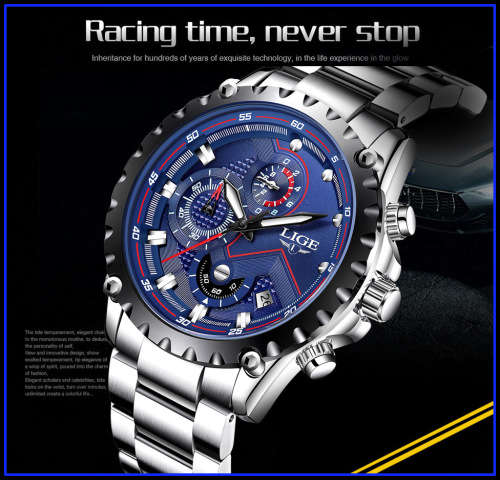 ** CLASSIC -  Relogio Masculion LIGE 9821-*Top Luxury Full Steel *6 Hands-* Chronograph Watch