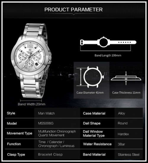 Megir 5006L  -Quality Ladies Solid Sturdy Chronograph Watch * Silver~ 6 Hands