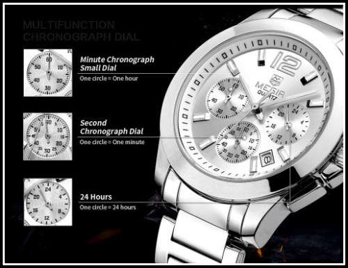 Megir 5006L  -Quality Ladies Solid Sturdy Chronograph Watch * Silver~ 6 Hands