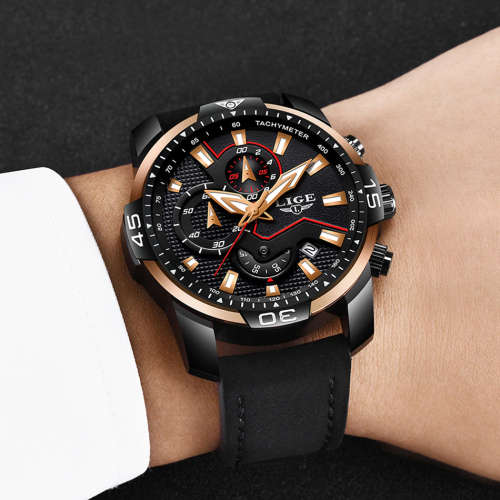 FREE SHIPPING *CLASSIC- LIGE 9924*DEEP DISH*Matt Black Leather Strap *6 Hands*