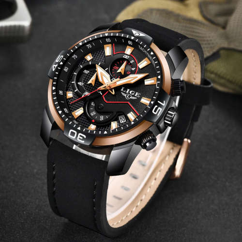 FREE SHIPPING *CLASSIC- LIGE 9924*DEEP DISH*Matt Black Leather Strap *6 Hands*