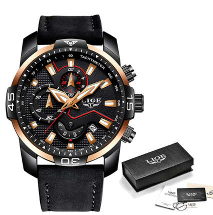 FREE SHIPPING *CLASSIC- LIGE 9924*DEEP DISH*Matt Black Leather Strap *6 Hands*