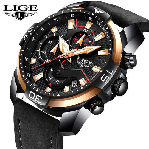 FREE SHIPPING *CLASSIC- LIGE 9924*DEEP DISH*Matt Black Leather Strap *6 Hands*