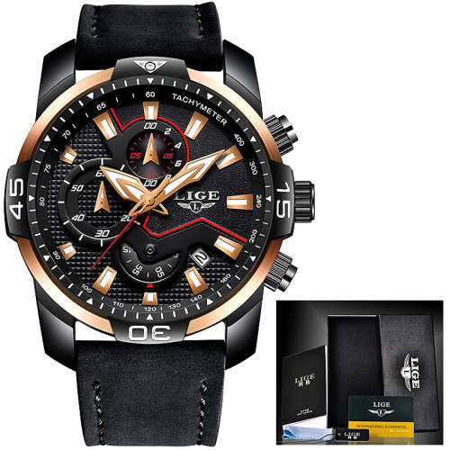 FREE SHIPPING *CLASSIC- LIGE 9924*DEEP DISH*Matt Black Leather Strap *6 Hands*