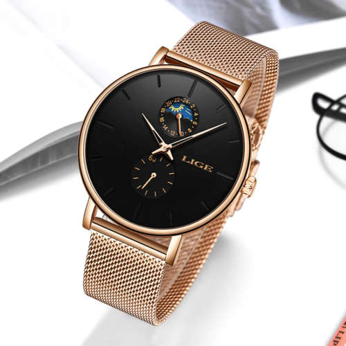 ** LIGE 9955 -* Milan Gold Stainless Steel Mesh Strap * Multifunction- Gold and Black*
