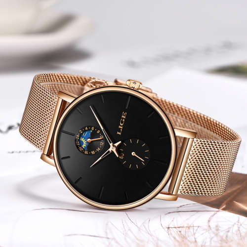 ** LIGE 9955 -* Milan Gold Stainless Steel Mesh Strap * Multifunction- Gold and Black*