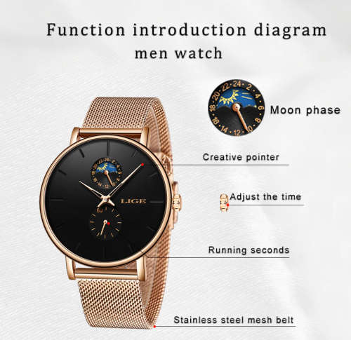 ** LIGE 9955 -* Milan Gold Stainless Steel Mesh Strap * Multifunction- Gold and Black*