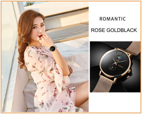 ** LIGE 9955 -* Milan Gold Stainless Steel Mesh Strap * Multifunction- Gold and Black*