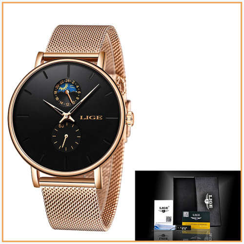 ** LIGE 9955 -* Milan Gold Stainless Steel Mesh Strap * Multifunction- Gold and Black*
