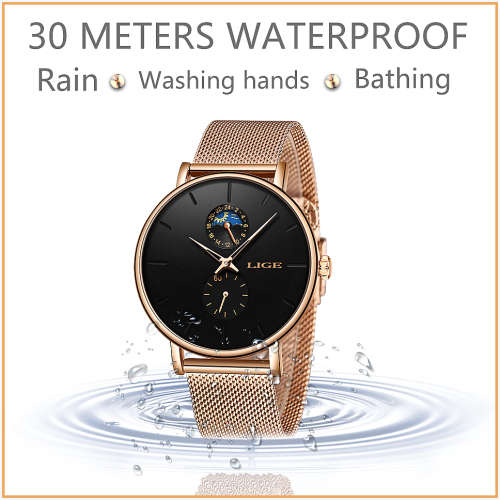 ** LIGE 9955 -* Milan Gold Stainless Steel Mesh Strap * Multifunction- Gold and Black*