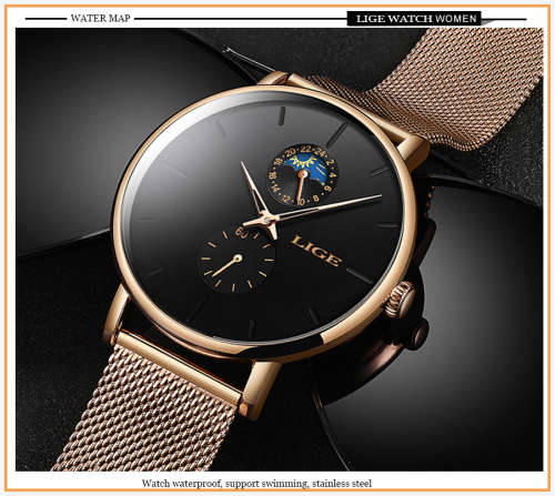 ** LIGE 9955 -* Milan Gold Stainless Steel Mesh Strap * Multifunction- Gold and Black*