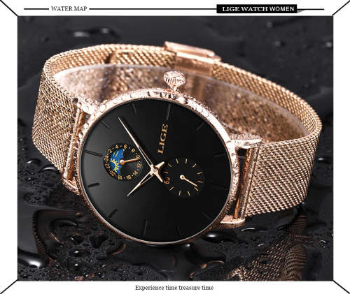 ** LIGE 9955 -* Milan Gold Stainless Steel Mesh Strap * Multifunction- Gold and Black*