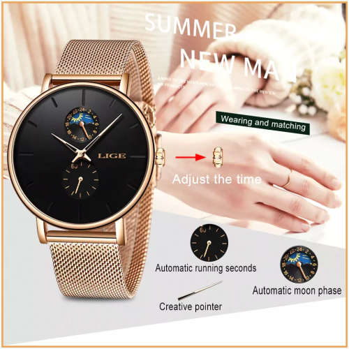 ** LIGE 9955 -* Milan Gold Stainless Steel Mesh Strap * Multifunction- Gold and Black*