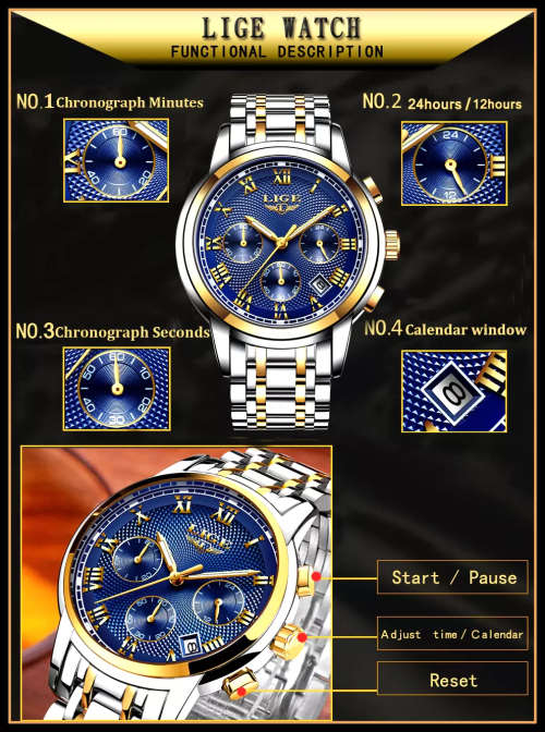 Refined* CLASSIC -Quality Built LIGE 9849 Top Luxury FULL Steel *6 Hands* Chronograph Watch