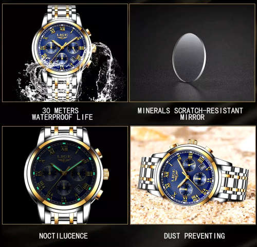 Refined* CLASSIC -Quality Built LIGE 9849 Top Luxury FULL Steel *6 Hands* Chronograph Watch