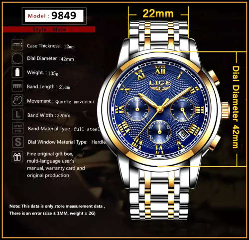 Refined* CLASSIC -Quality Built LIGE 9849 Top Luxury FULL Steel *6 Hands* Chronograph Watch