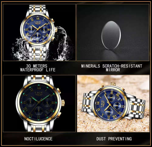 Refined* CLASSIC -Quality Built LIGE 9849 Top Luxury FULL Steel *6 Hands* Chronograph Watch