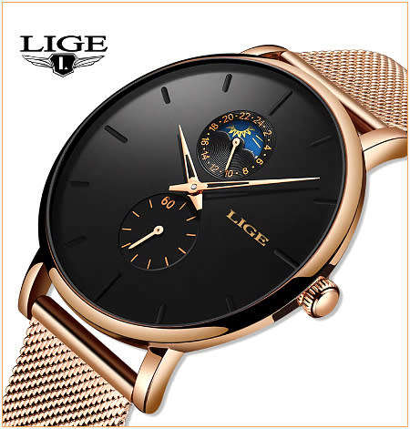 ** LIGE 9955 -* Milan Gold Stainless Steel Mesh Strap * Multifunction- Gold and Black*